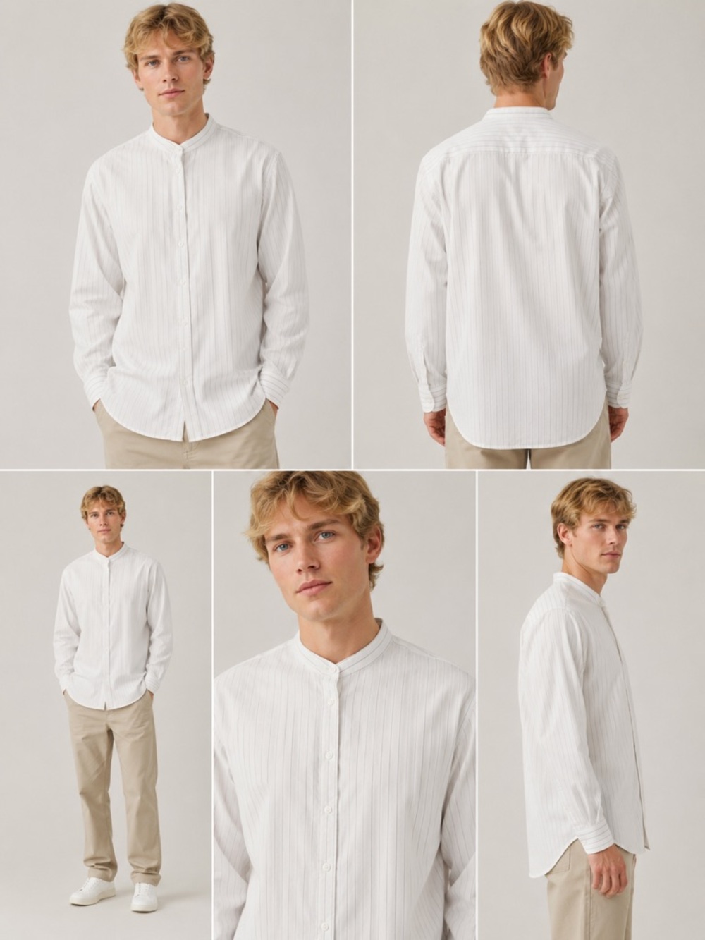Muji Mandarin collar striped white button down shirt
